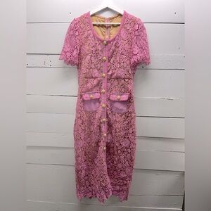 Pink Lace Overlay Midi Dress with Gold Buttons Size Large